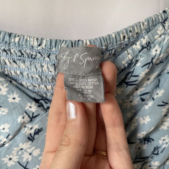 Sky and Sparrow rayon blue and white floral dress drawstring cottagecore ruched - Picture 3 of 7